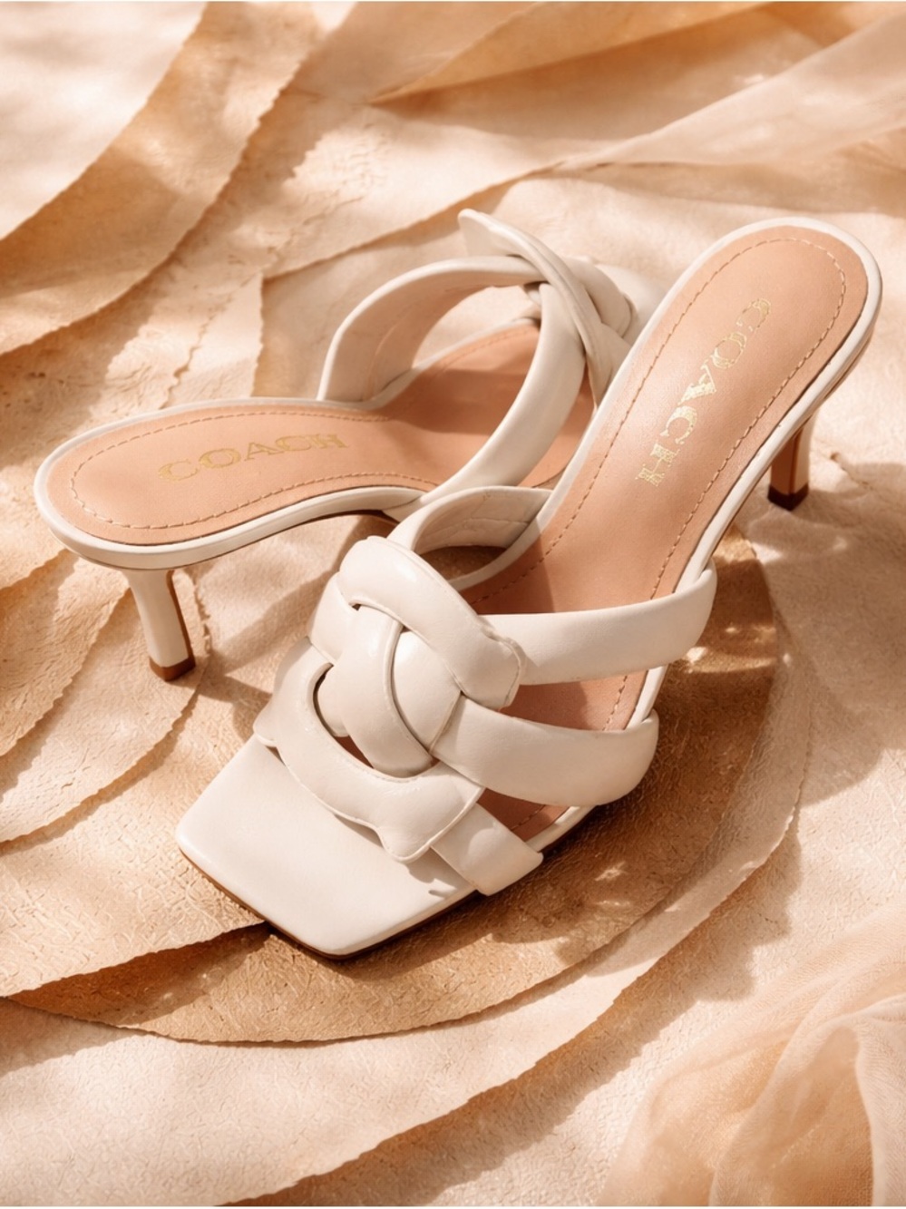 Coach Cream Knotted Leather Slide Heels